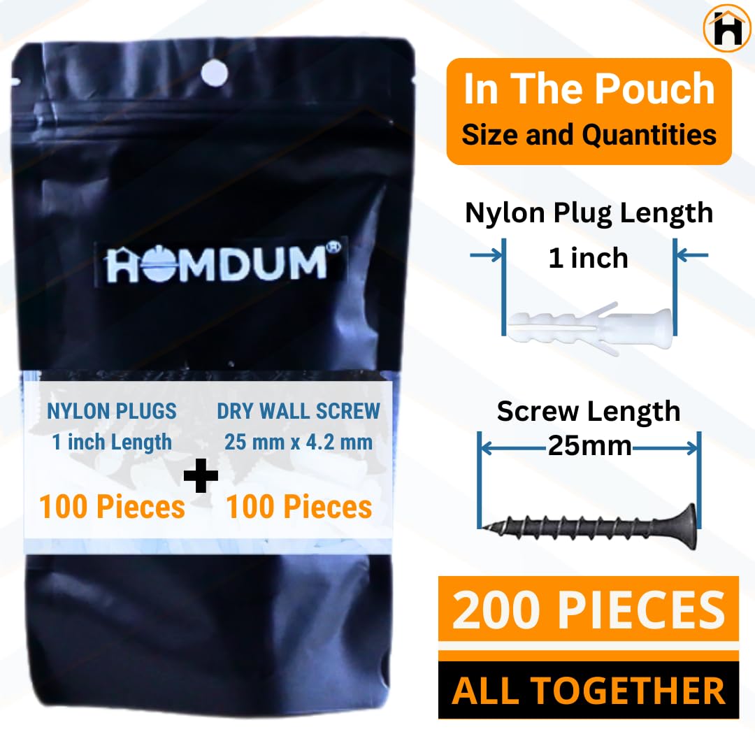 HOMDUM Nylon Plug with Screws 1 Inch (25 mm) Pack of 200 – Wall Fixing Fasteners with Plastic Sleeves & Drywall Screws