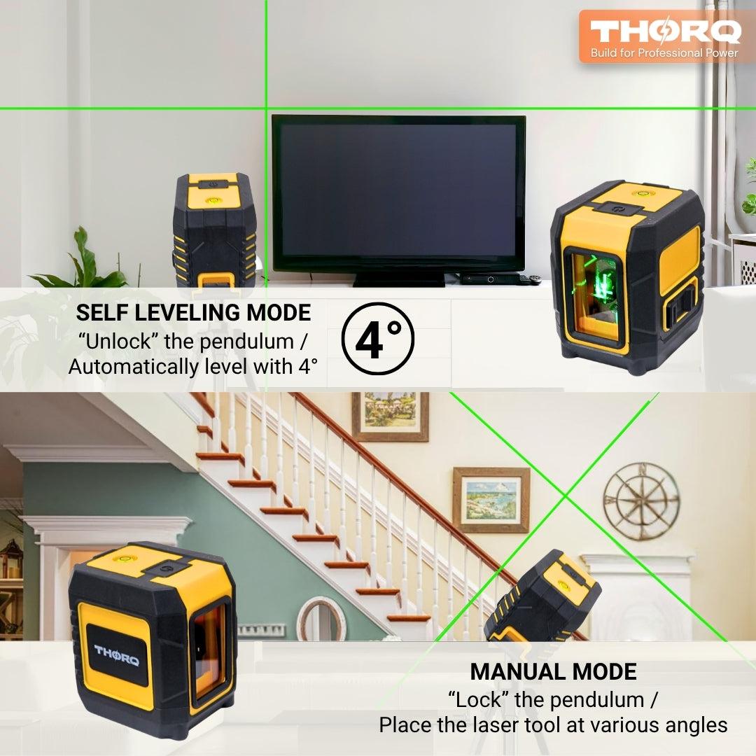 Green Laser Level 2 Cross Line (Horizontal + Vertical)- self Leveling 110° Laser Level (30m / 100ft)