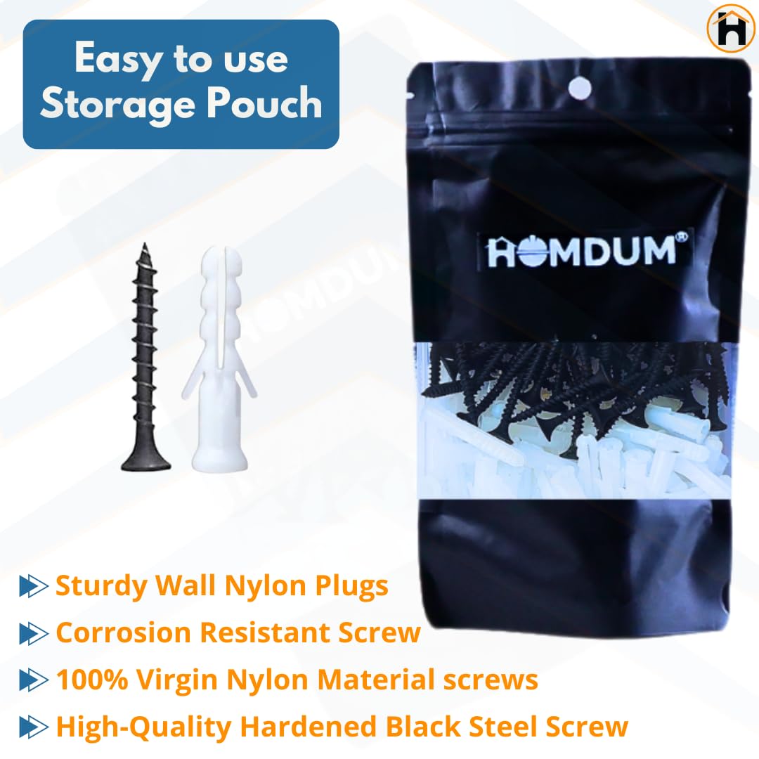 HOMDUM Nylon Plug with Screws 1 Inch (25 mm) Pack of 200 – Wall Fixing Fasteners with Plastic Sleeves & Drywall Screws