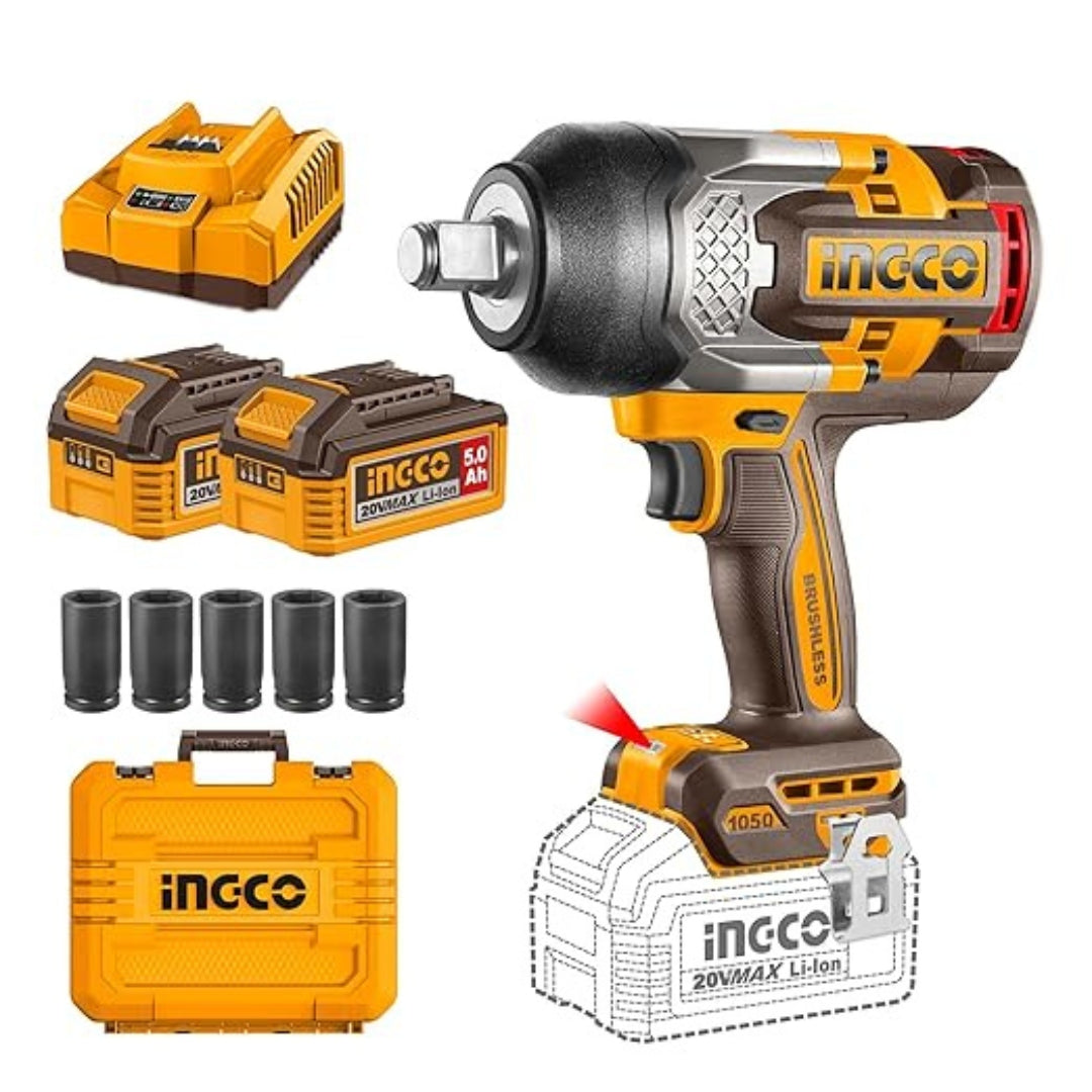 INGCO 20V Cordless Impact Wrench – 1050Nm Brushless Heavy Duty Impact Gun - CIWLI20105