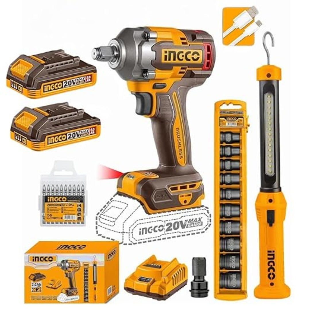 INGCO 20V Cordless Impact Wrench Kit – 400Nm Brushless Tool Set with LED Work Light - COSLI23048