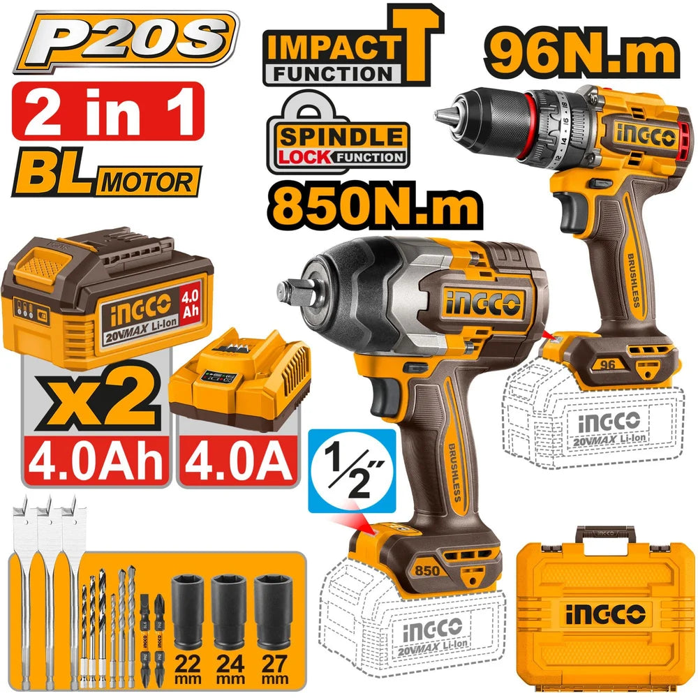 INGCO COSLI250586 20V Brushless Drill & Impact Wrench Combo Kit