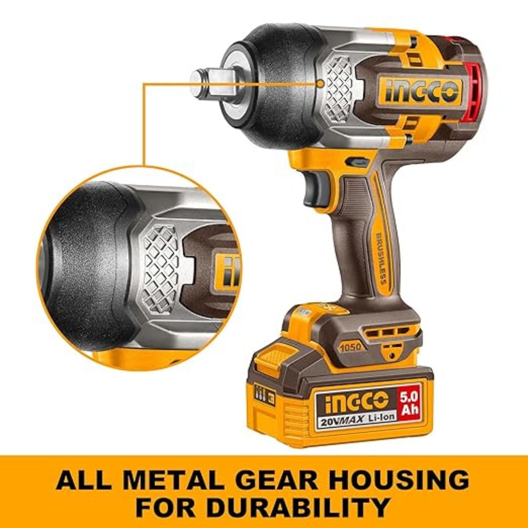 INGCO 20V Cordless Impact Wrench – 1050Nm Brushless Heavy Duty Impact Gun - CIWLI20105