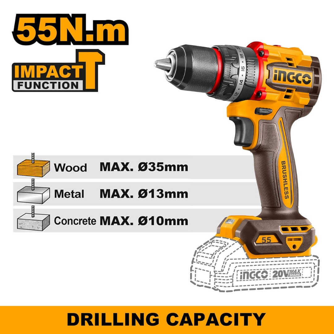 CIDLI20558 INGCO COMPACT BRUSHLESS CORDLESS IMPACT DRILL
