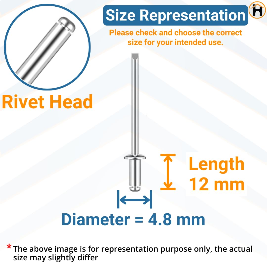 Homdum Aluminium Blind Rivet - Metal POP Rivets for Riveting Gun/Riveter machine Pack of 100 Pieces. (4.8 x 12)