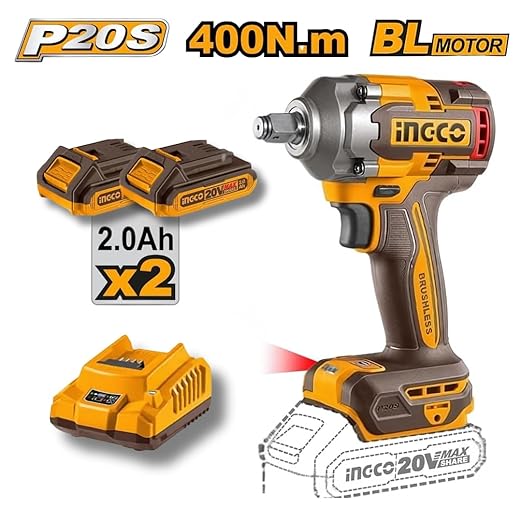 INGCO 20V Cordless Impact Wrench Kit – 400Nm Brushless Tool Set with LED Work Light - COSLI23048