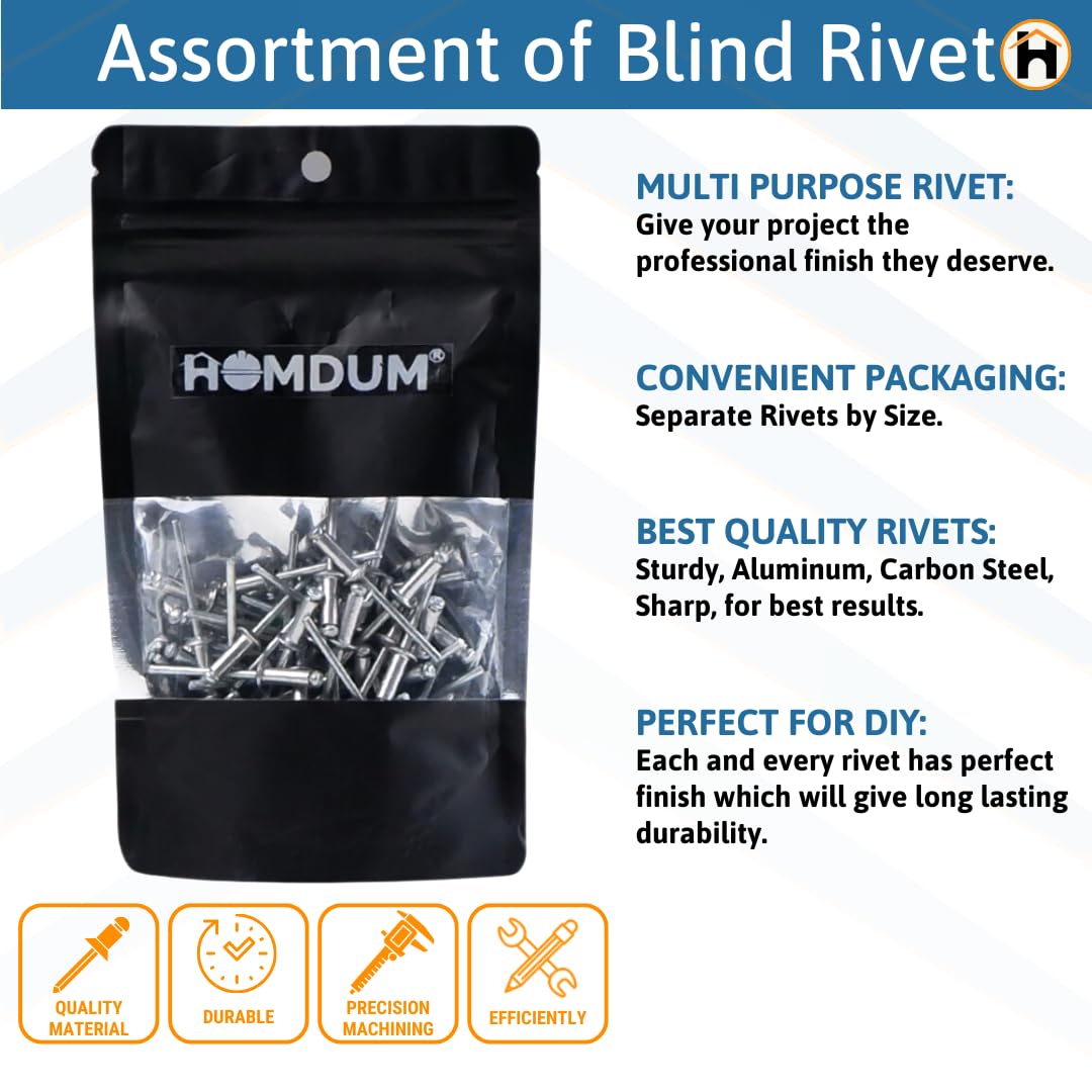HOMDUM Aluminium Blind Rivet 3.2 x 12 mm – Metal POP Rivets for Riveting Gun/Riveter Machine Pack of 100 Pieces