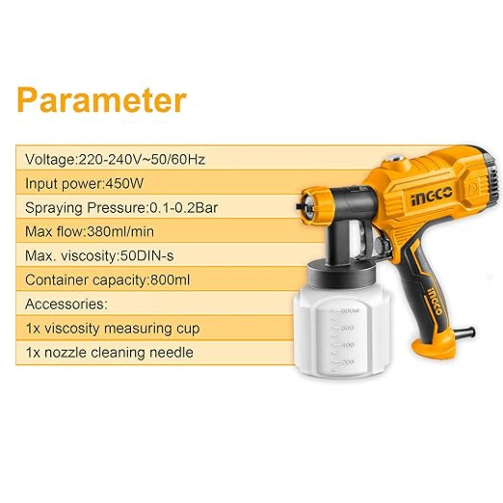 INGCO 450W Electric Paint Spray Gun | 800ml HVLP Paint Sprayer - SPG3508
