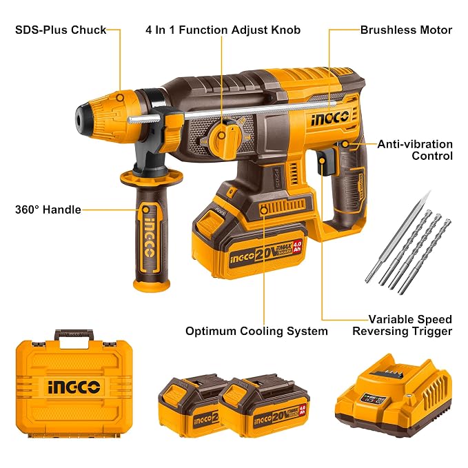 INGCO 20V Brushless Cordless Rotary Hammer Drill Kit - CRHLI202682