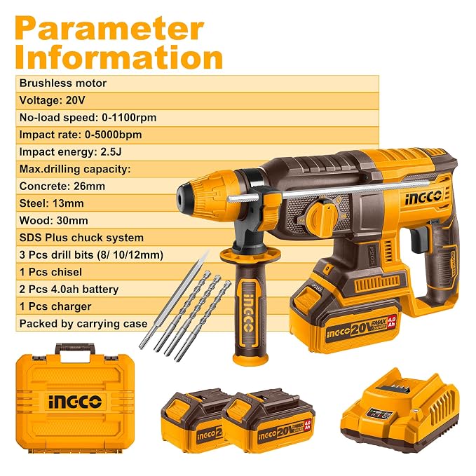 INGCO 20V Brushless Cordless Rotary Hammer Drill Kit - CRHLI202682