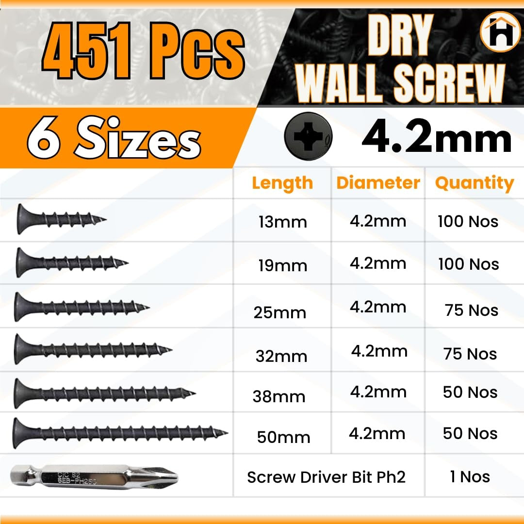 HOMDUM Assorted Black Dry Wall Screws 6 Sizes (13 mm to 50 mm) with PH2 Bit – Pack of 451 Pieces