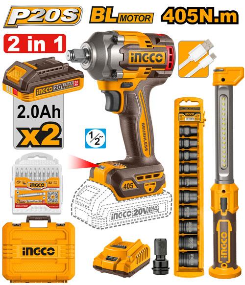 INGCO 20V Cordless Combo Kit – 405Nm Brushless Impact Wrench Set - COSLI23056
