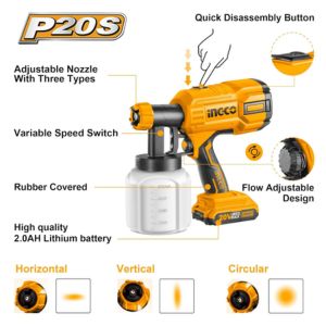 INGCO CSGLI2001 Cordless Spray Gun, 20V Lithium-Ion Paint Sprayer, 800ml | 600 Ml/min