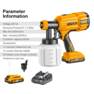 INGCO CSGLI2001 Cordless Spray Gun, 20V Lithium-Ion Paint Sprayer, 800ml | 600 Ml/min