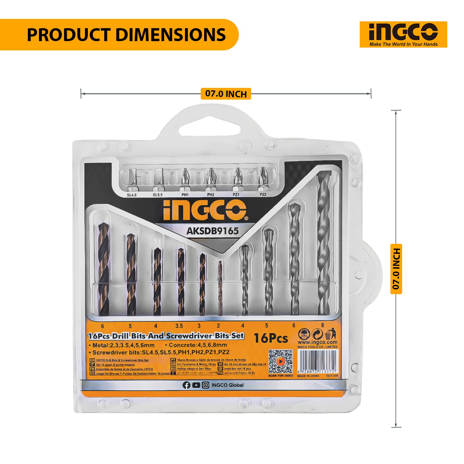 AKSDB9165 INGCO 16 PCS DRILL BITS & SCREWDRIVER BITS SET