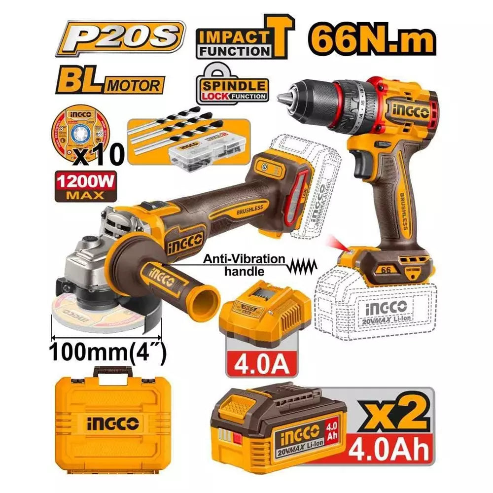 INGCO 20V Cordless 2 Pcs Combo Kit – Brushless Angle Grinder & Impact Drill - CKLI2025610