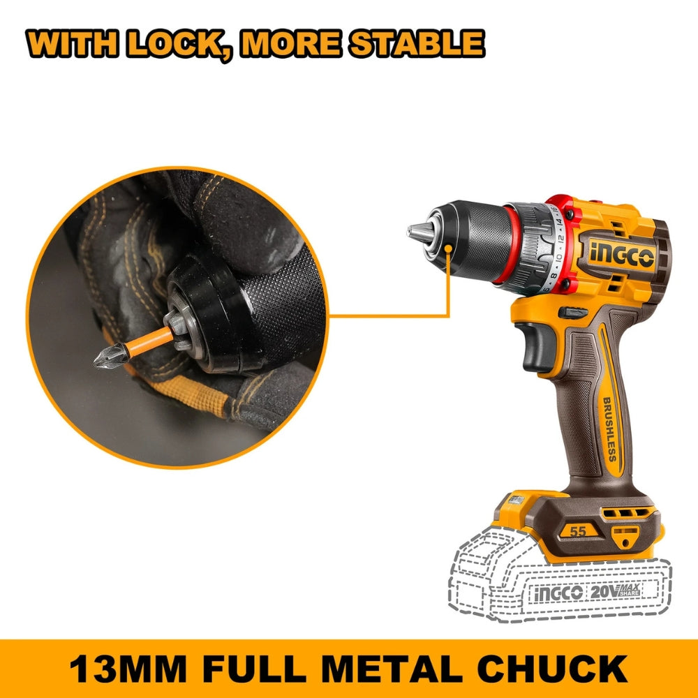 INGCO 20V Brushless Cordless Impact Drill – 55Nm Power Drill Machine with 47 Accessories - CDLI20558