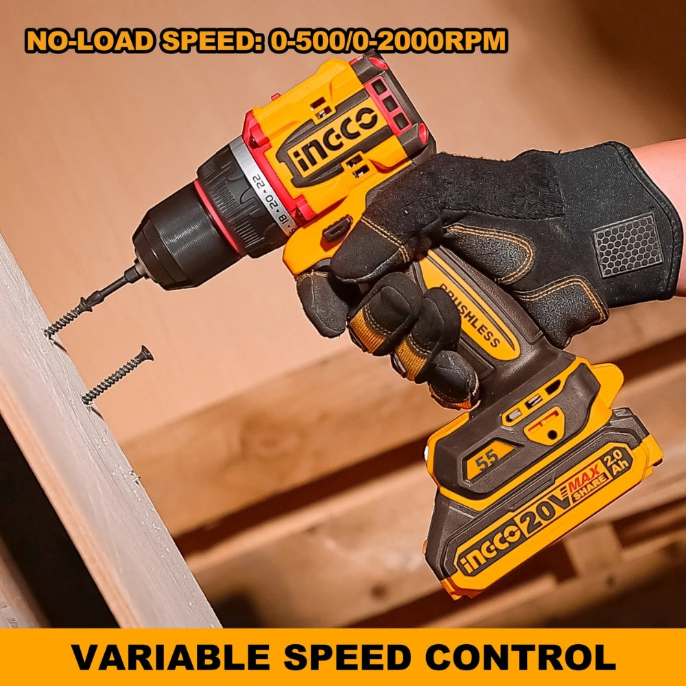 INGCO 20V Brushless Cordless Impact Drill – 55Nm Power Drill Machine with 47 Accessories - CDLI20558