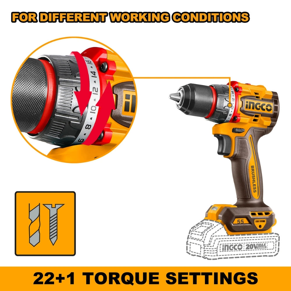 INGCO 20V Brushless Cordless Impact Drill – 55Nm Power Drill Machine with 47 Accessories - CDLI20558