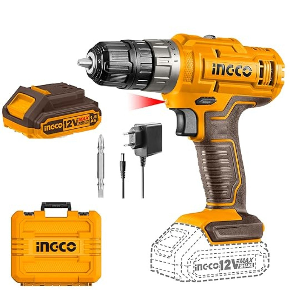 INGCO 12V Cordless Drill Machine – Compact Battery Drill for Home DIY & Furniture Work- CDLI1228