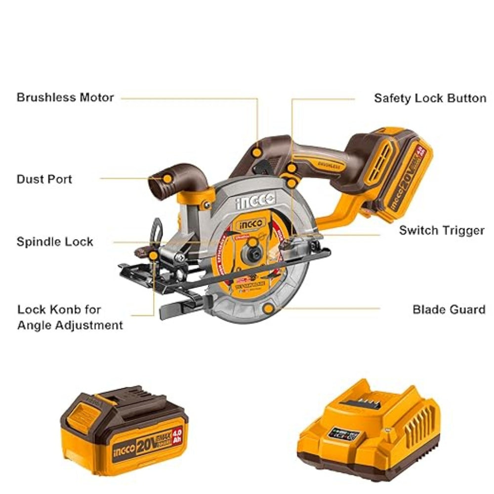 INGCO 20V Cordless Circular Saw – Brushless Power Saw with Battery & Charger- CSLI14021