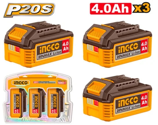 INGCO P20S 20V 4.0Ah Lithium-Ion Battery Pack – 3 Pieces - COSLI251296