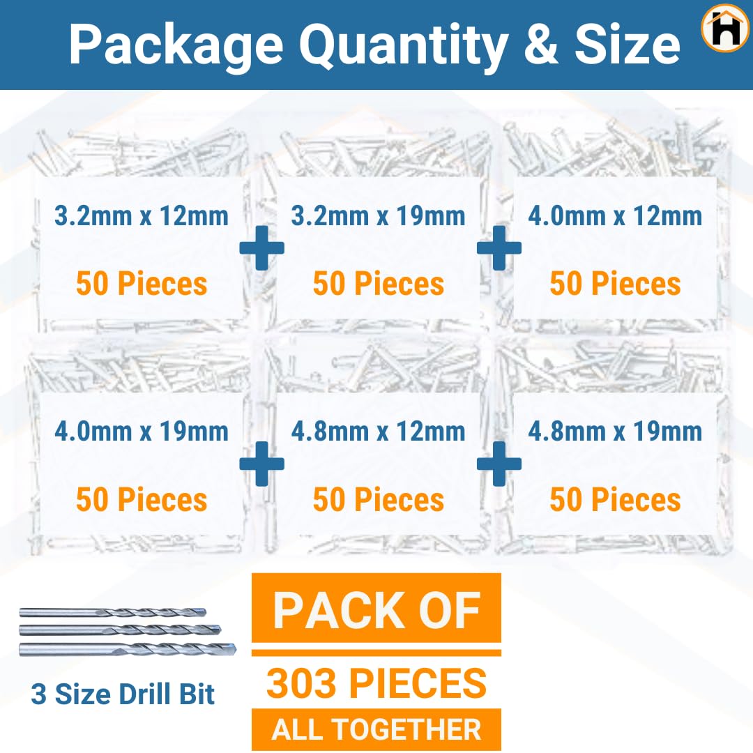HOMDUM ALUMINIUM BLIND RIVET ASSORTED 6 SIZES PACK OF 300 PIECES.