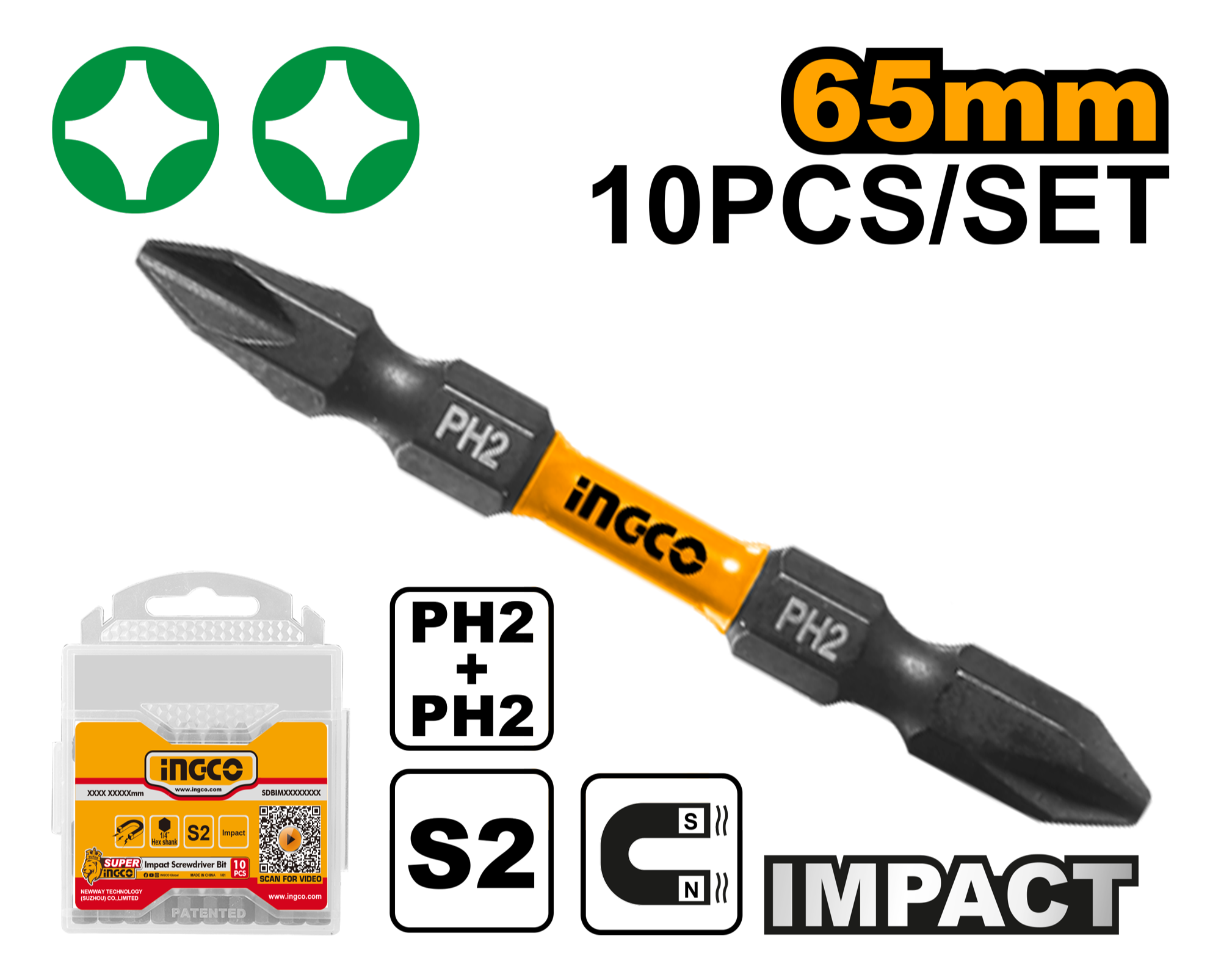 INGCO SDBIM21PH233 10 Pcs PH2 Impact Screwdriver Bit Set 65mm