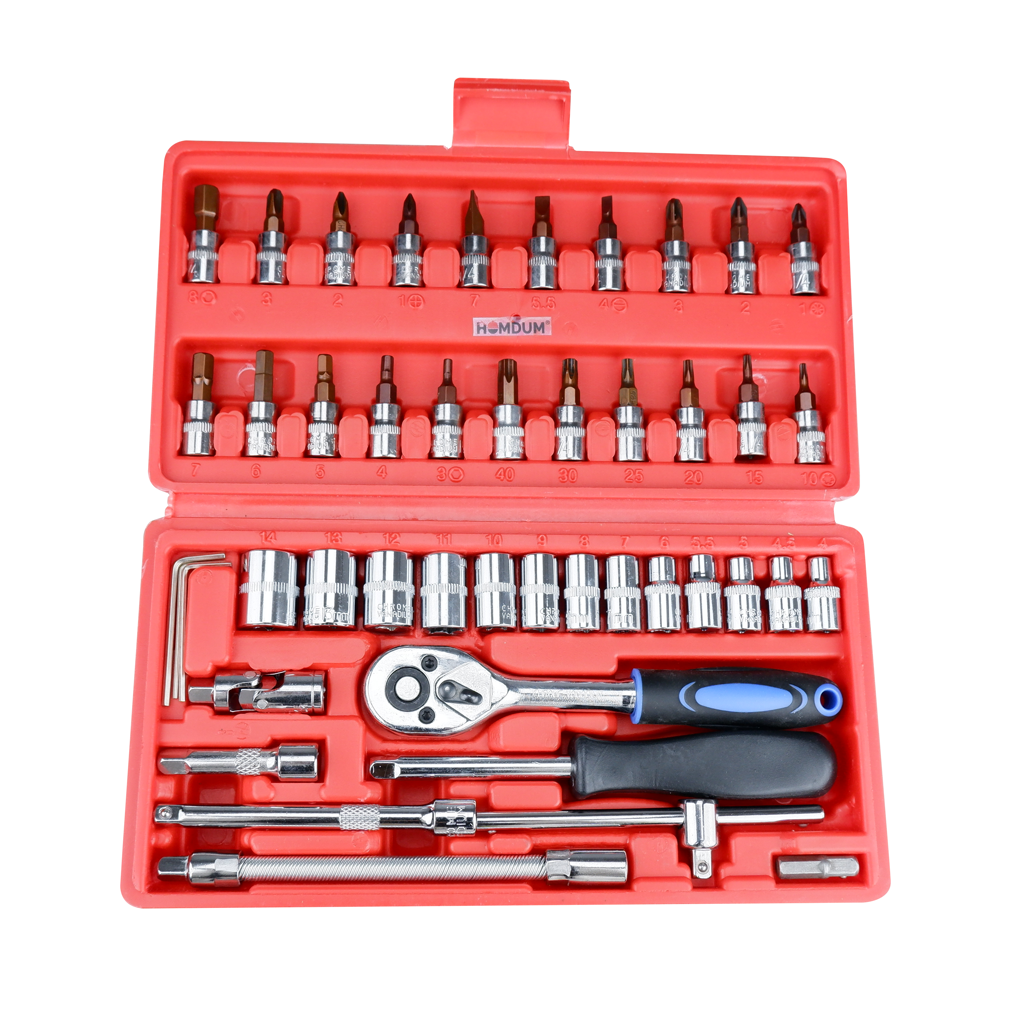 Homdum 46 pc Socket Wrench Set SRUNV (Cr-V) Chromium Vanadium Steel with Locking Mechanism Compatible with Nuts, Screws, Bolts (Big)