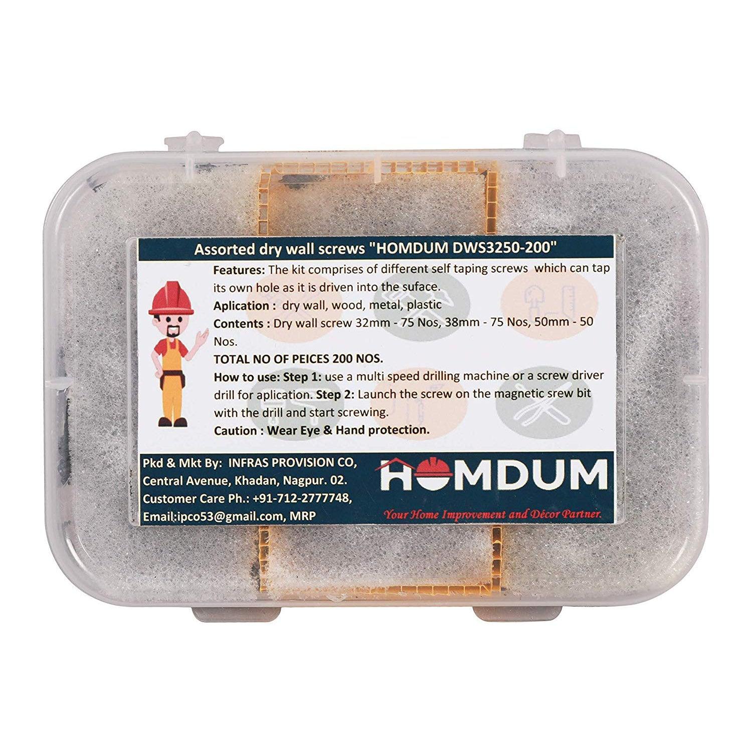 Homdum Assorted Black Dry Wall Screws 3 Sizes (13 mm to 25 mm) + Ph Bit 1 nos, (Pack of 451 Pieces)