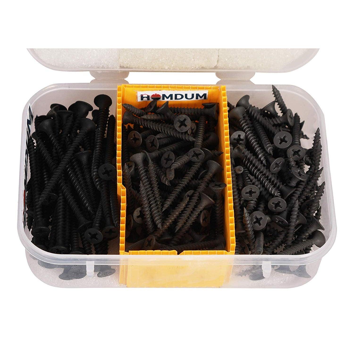 Homdum Assorted Black Dry Wall Screws 3 Sizes (13 mm to 25 mm) + Ph Bit 1 nos, (Pack of 451 Pieces)