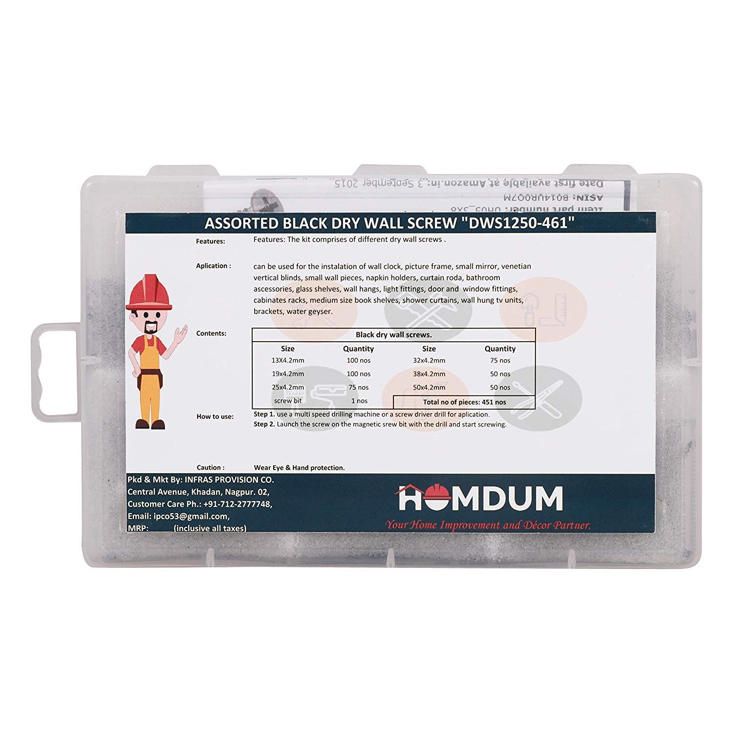 Homdum Assorted Black Dry Wall Screws 3 Sizes (13 mm to 25 mm) + Ph Bit 1 nos, (Pack of 451 Pieces)