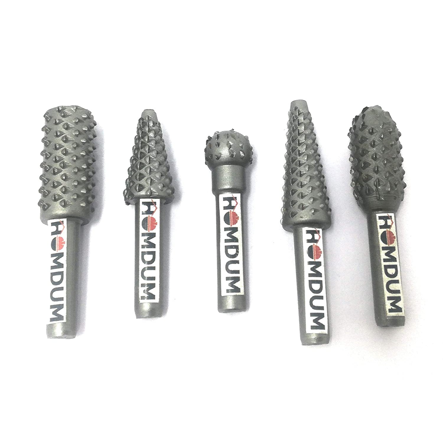 Homdum Rotary Burr Set 5 Piece Set of Heavy Duty and Durable 1/4 Shank Rotary Rasp File Set - Wood Carving - Ball, Oval, Cylinder