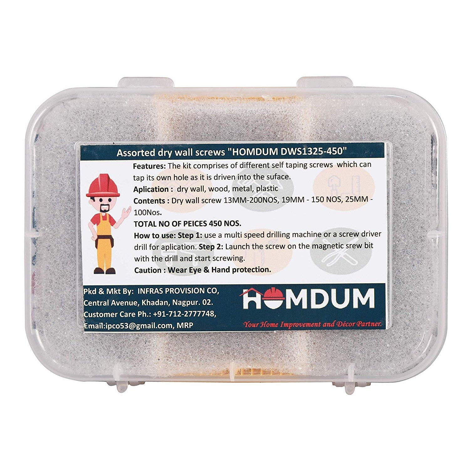 Homdum Assorted Black Dry Wall Screws 3 Sizes (13 mm to 25 mm) + Ph Bit 1 nos, (Pack of 451 Pieces)