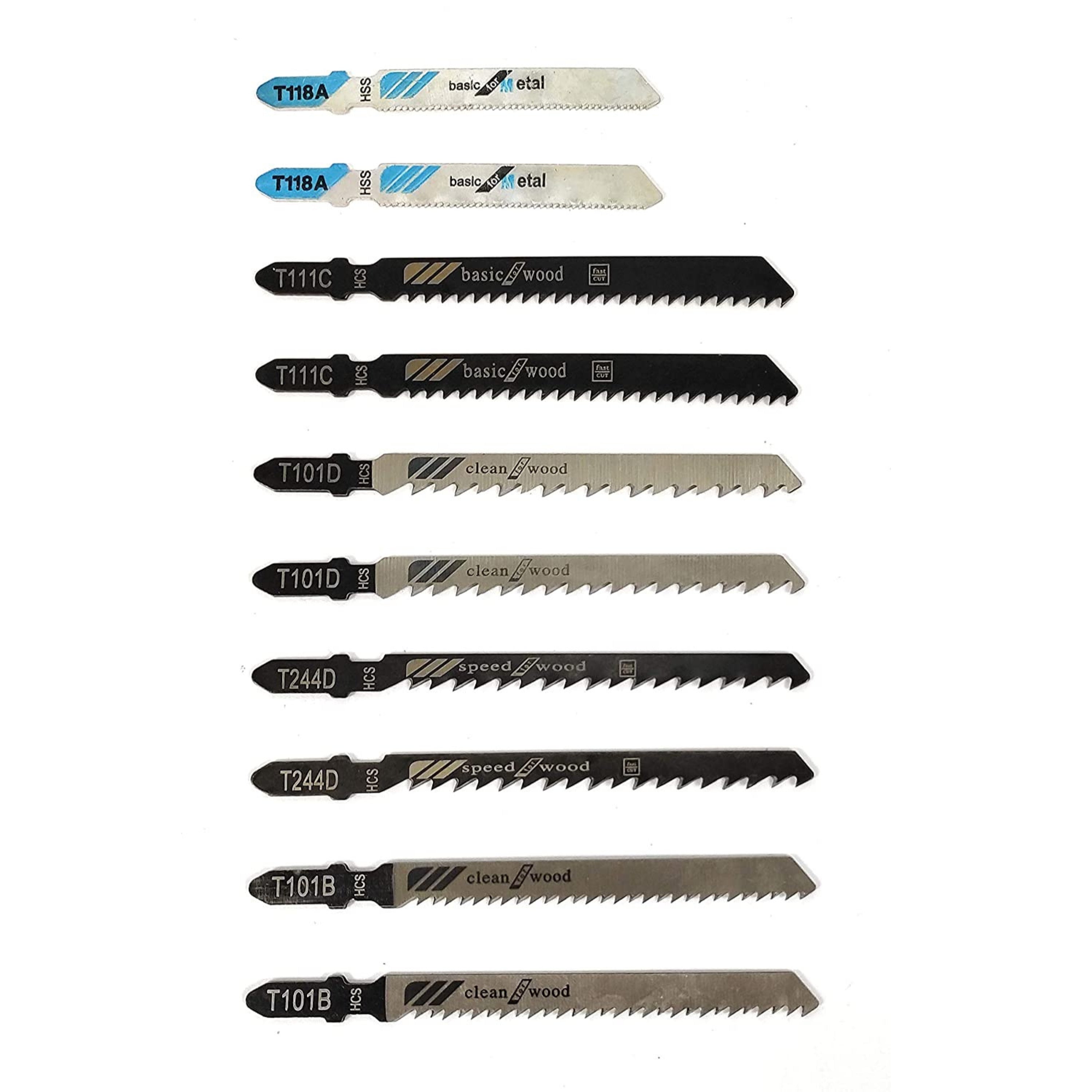 Homdum 10 pc Heavy Duty Jigsaw Blades Set For Metal/Wood cutting/Acrylic Cutter - Extra long t shank pendulum Blade with fast/Basic/Clean/Speed cutting Types.