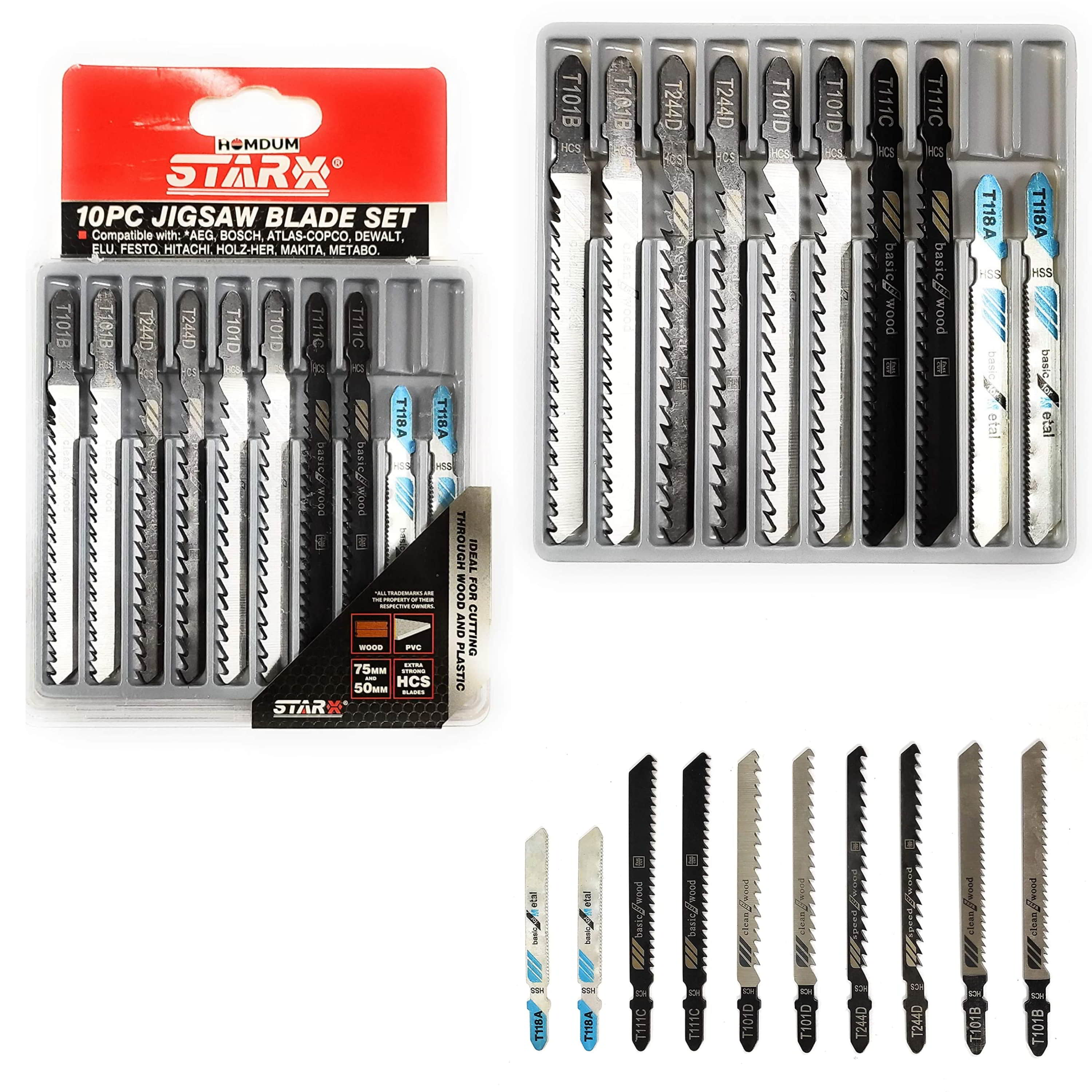 Homdum 10 pc Heavy Duty Jigsaw Blades Set For Metal/Wood cutting/Acrylic Cutter - Extra long t shank pendulum Blade with fast/Basic/Clean/Speed cutting Types.