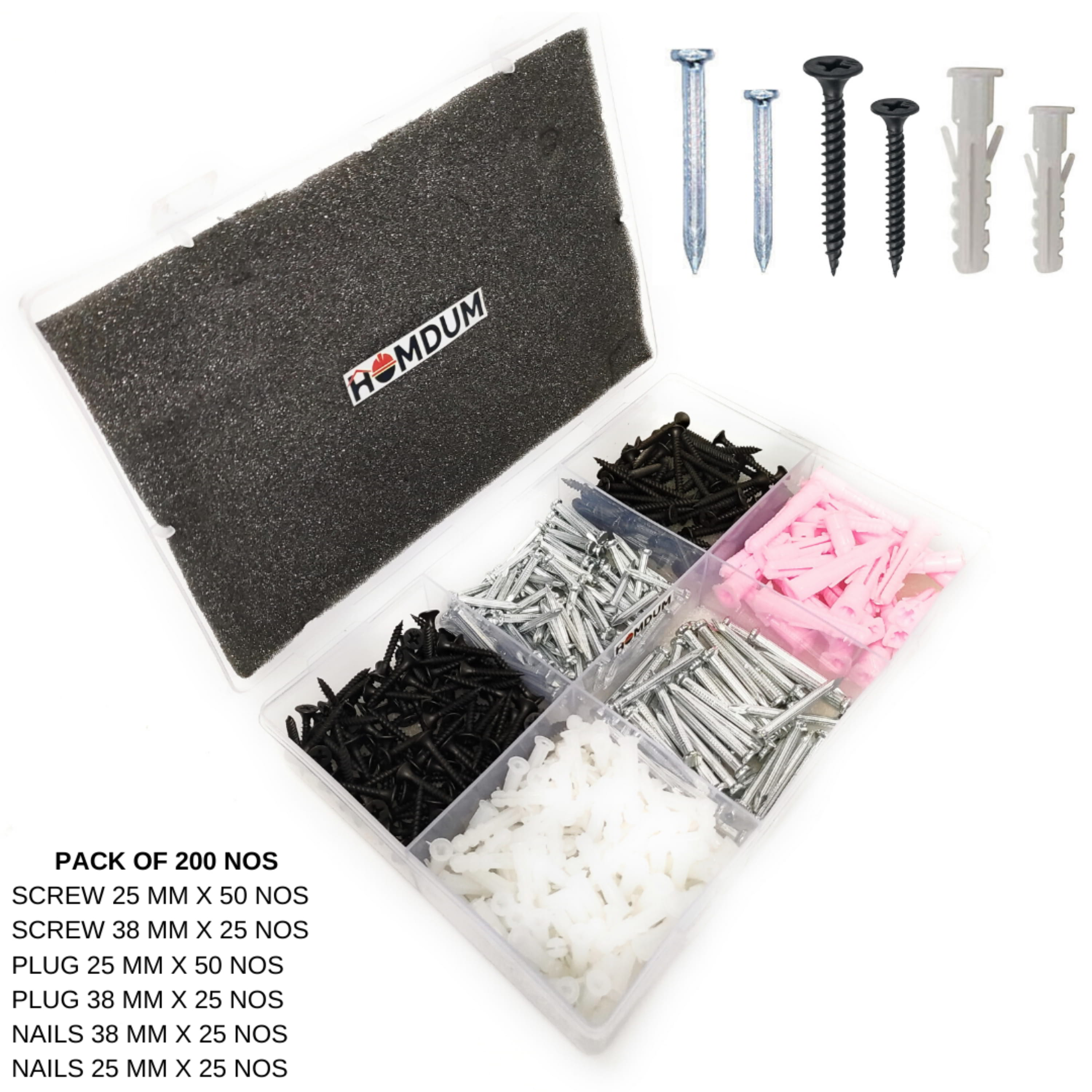 Homdum Assorted Nails, Screws and Nylon Plugs Set, Pack of 400 nos
