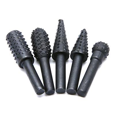 Homdum Rotary Burr Set 5 Piece Set of Heavy Duty and Durable 1/4 Shank Rotary Rasp File Set - Wood Carving - Ball, Oval, Cylinder,Taper,cone.