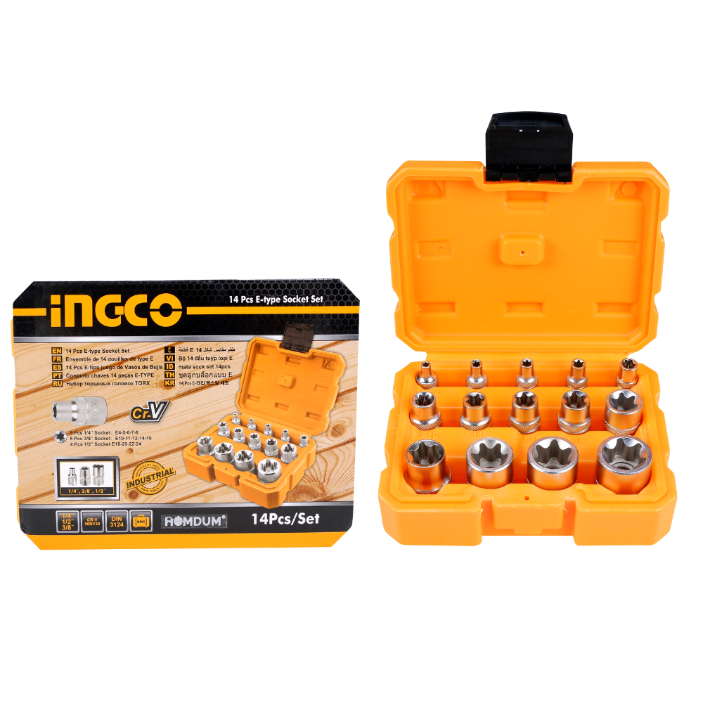 Homdum 14 Pcs E Type Socket Set E4 to E24 INGCO Tamper Proof Chrome vanadium Steel Wrench Torx Star Bit Female Sockets Cr-V E-Type ¼” , ?” and ½” Drive Hexagonal Spanner Head