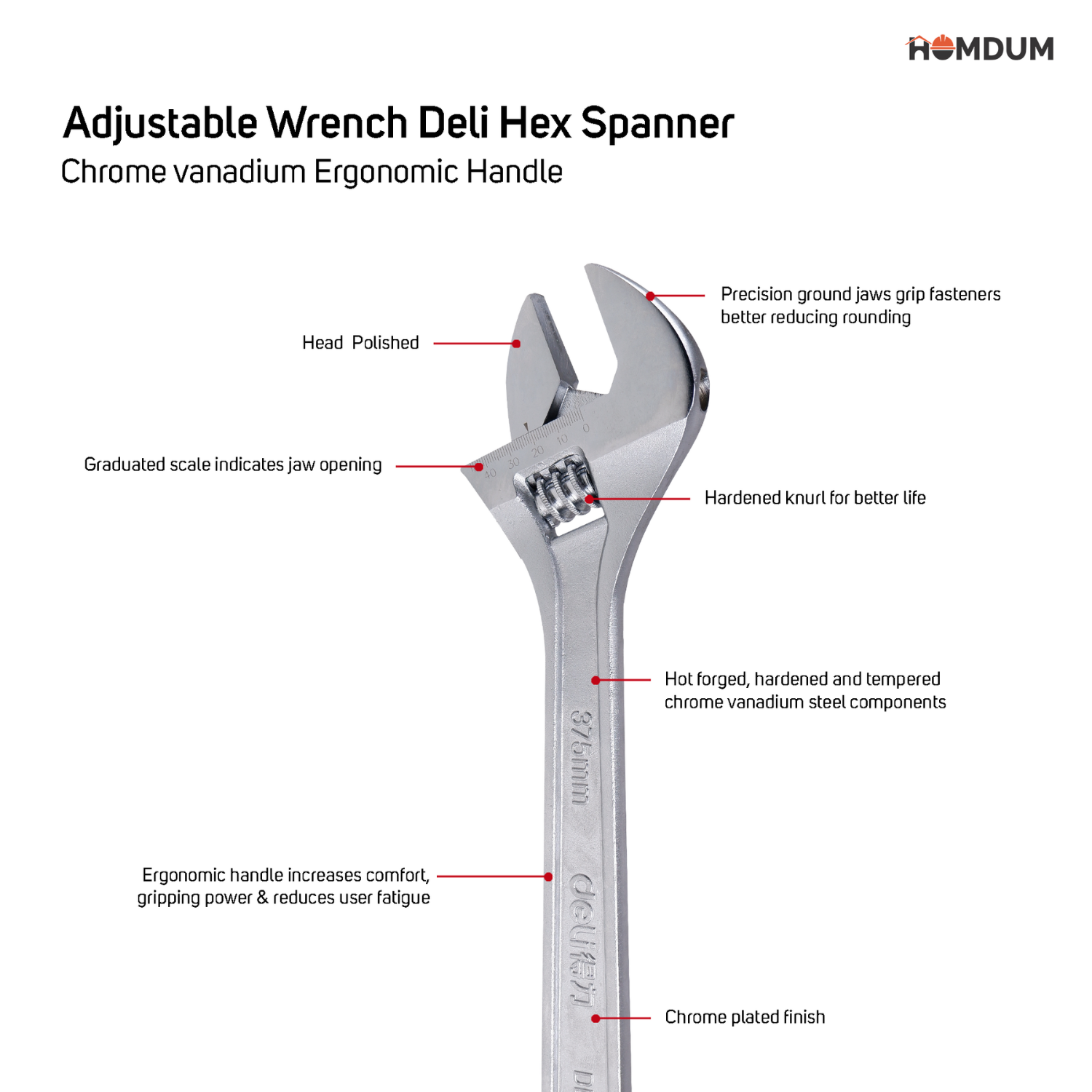 Homdum 10 inch Adjustable Wrench Deli Hex Spanner Chrome vanadium Ergonomic Handle size 200 mm