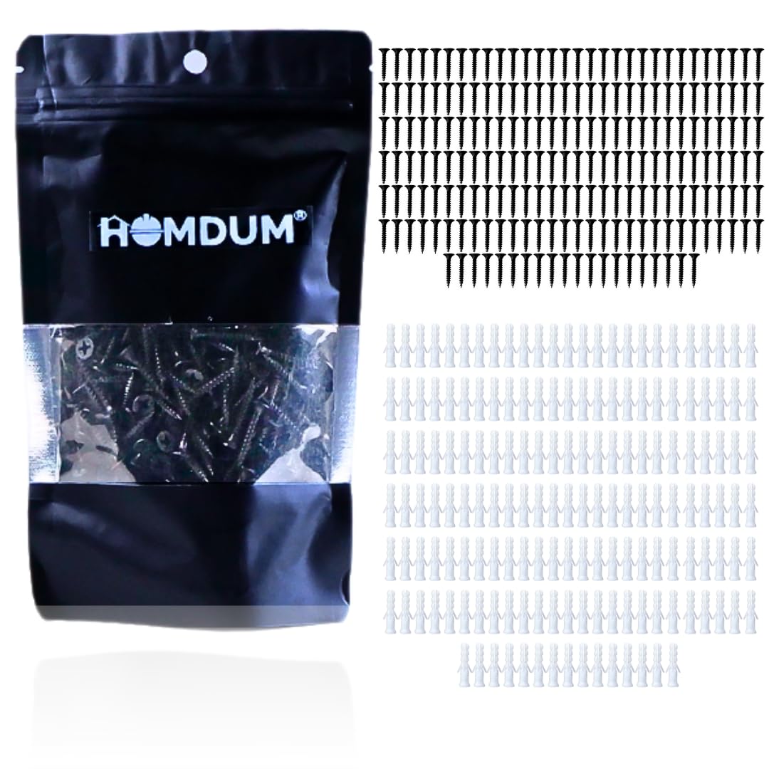 HOMDUM Nylon Plug with Screws 1 Inch (25 mm) Pack of 200 – Wall Fixing Fasteners with Plastic Sleeves & Drywall Screws