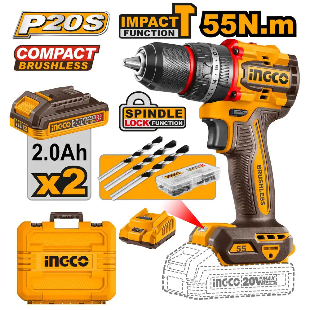 INGCO 20V Brushless Cordless Impact Drill – 55Nm Power Drill Machine with 47 Accessories - CDLI20558