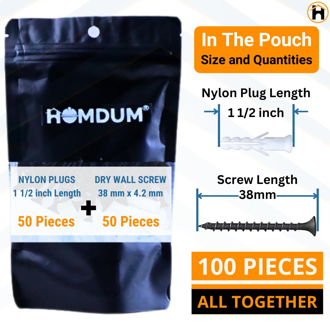 Homdum Nylon Plug with Screws 1 1/2 inch (38 mm screw with plastic sleeve) Pack of 100. (1 1/2")