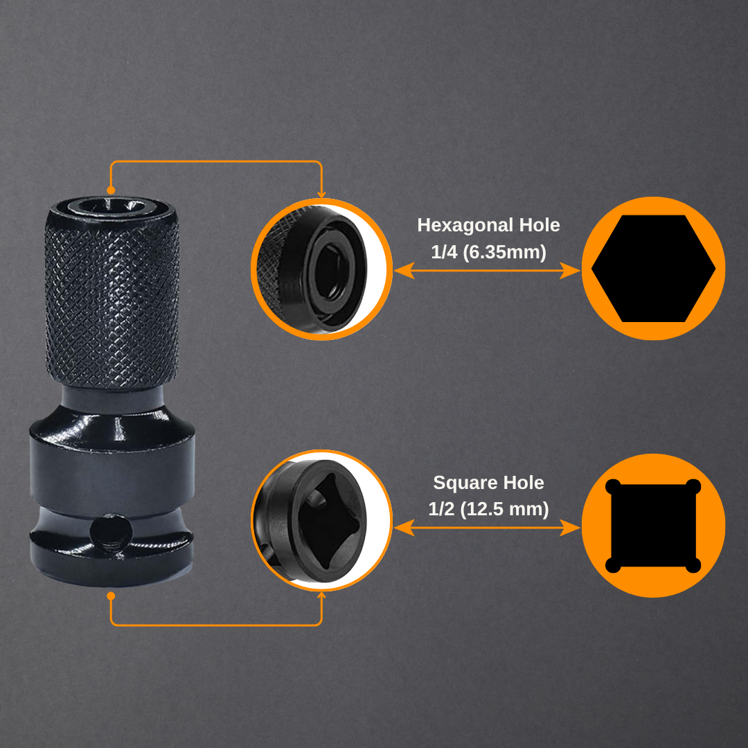 1/2 INCH SQUARE DRIVE TO 1/4 INCH HEX FEMALE SOCKET ADAPTER