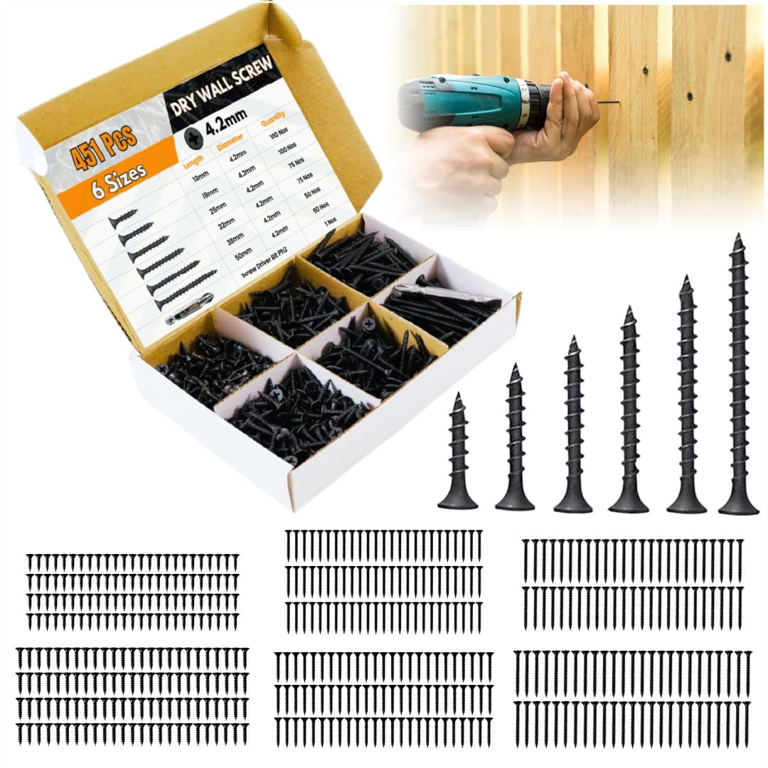 HOMDUM Assorted Black Dry Wall Screws 6 Sizes (13 mm to 50 mm) with PH2 Bit – Pack of 451 Pieces