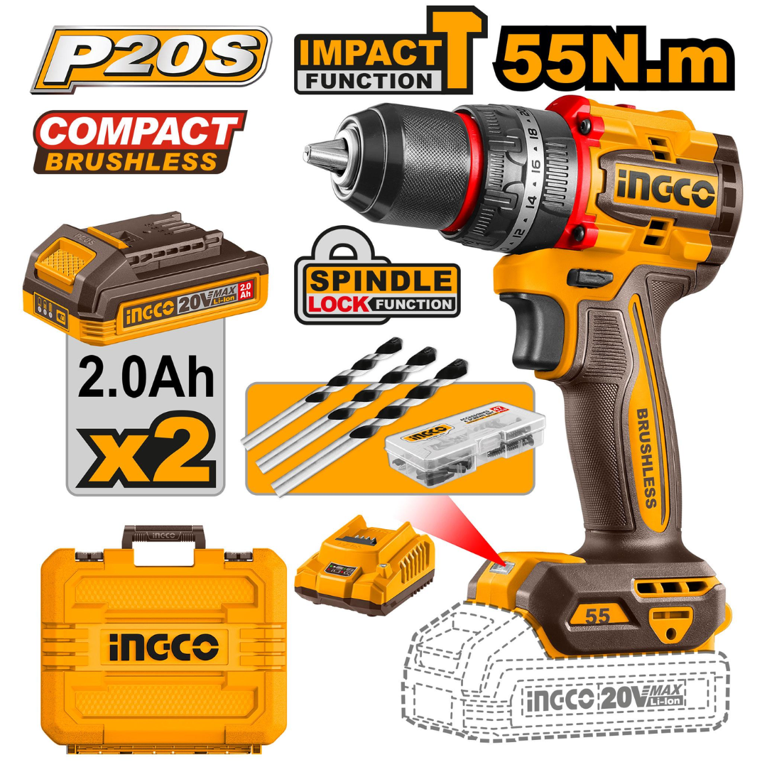 CIDLI20558 INGCO COMPACT BRUSHLESS CORDLESS IMPACT DRILL