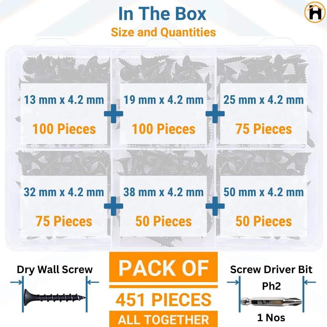 HOMDUM Assorted Black Dry Wall Screws 6 Sizes (13 mm to 50 mm) with PH2 Bit – Pack of 451 Pieces