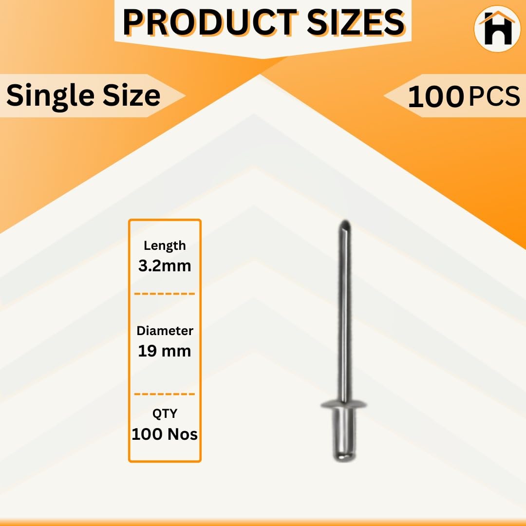 Homdum Aluminium Blind Rivet - Metal POP Rivets for Riveting Gun/Riveter machine Pack of 100 Pieces. (3.2 x 20)