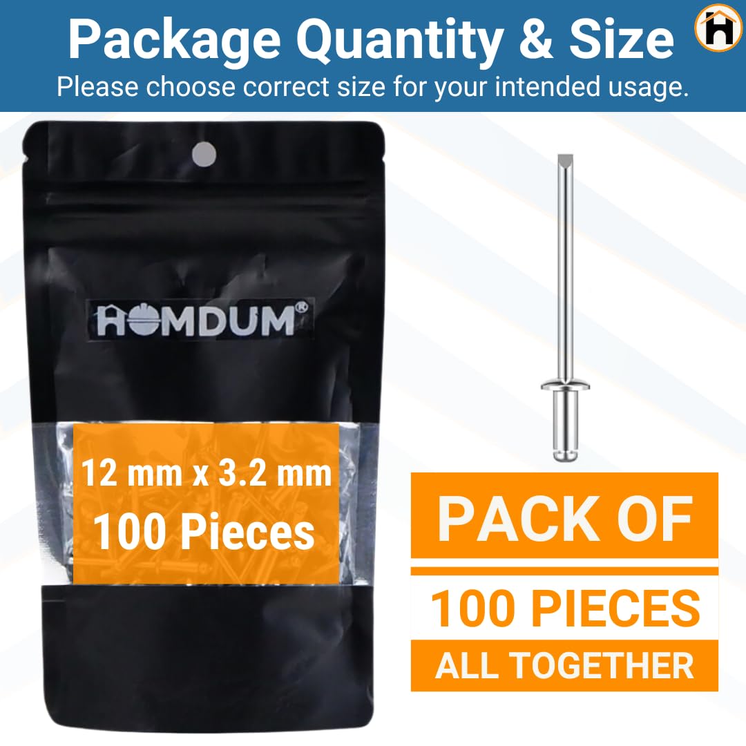 HOMDUM Aluminium Blind Rivet 3.2 x 12 mm – Metal POP Rivets for Riveting Gun/Riveter Machine Pack of 100 Pieces