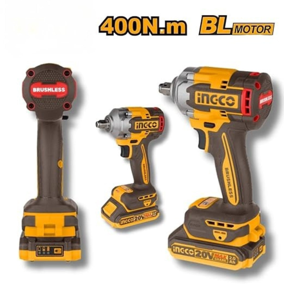 INGCO 20V Cordless Impact Wrench Kit – 400Nm Brushless Tool Set with LED Work Light - COSLI23048
